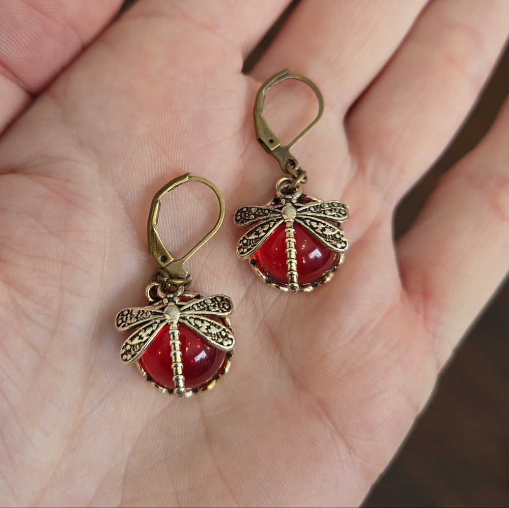 Etched Dragonfly Earrings Floating Over Ruby Red Half Orb On Nickel Free Hoops